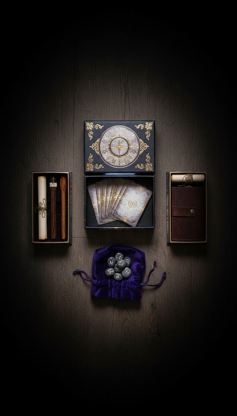 Tarotkarten mit metallischer Runenprägung
