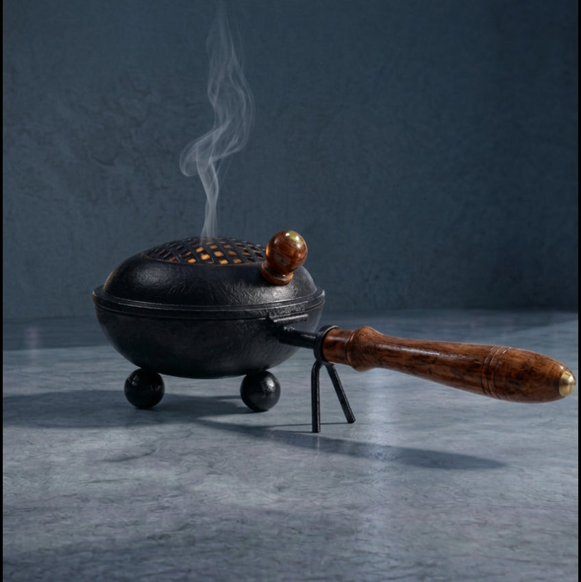 Räuchergefäß aus Metall mit Holzgriff